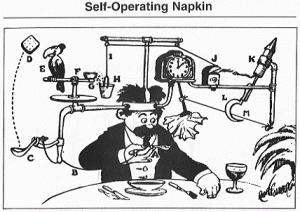 Professor Lucifer Butts. A cartoon of an overly complicated contraption for automating the operation of a table napkin.